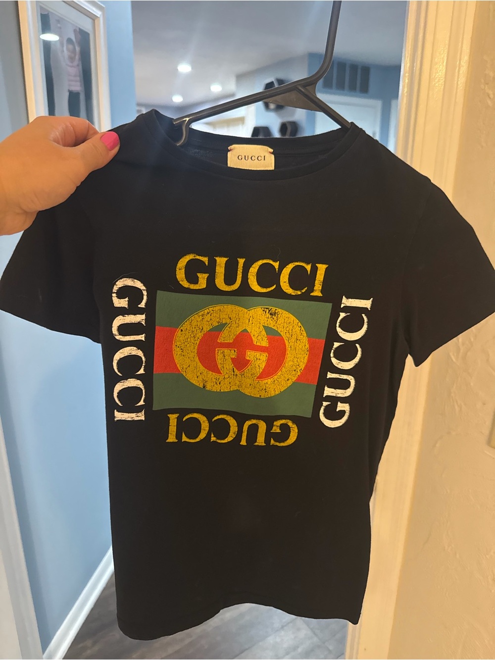 Gucci Black Kids Short Sleeve Logo Tee with Yellow & Green Graphic